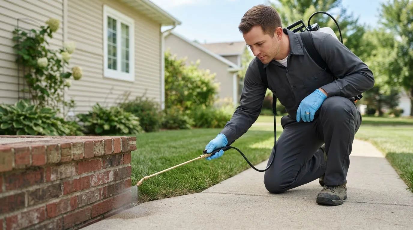 Pest control technician treating a home near Vanleer, TN